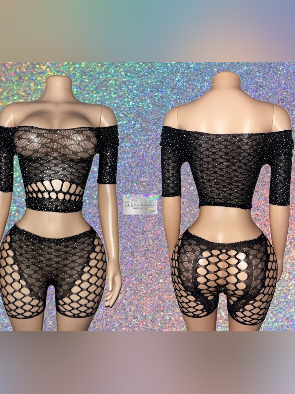 STRIPPER OUTFIT: Black Off-Shoulder Fishnet Two-Piece Set with matching pasties